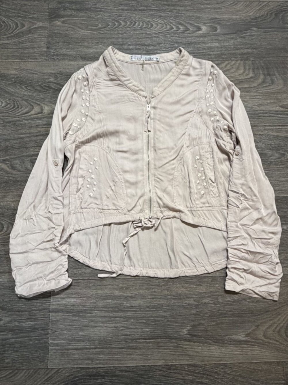 Miilla Knit Bomber Style Blouse Top Medium Zip Y2K Dusty Rose Pink Embroidered